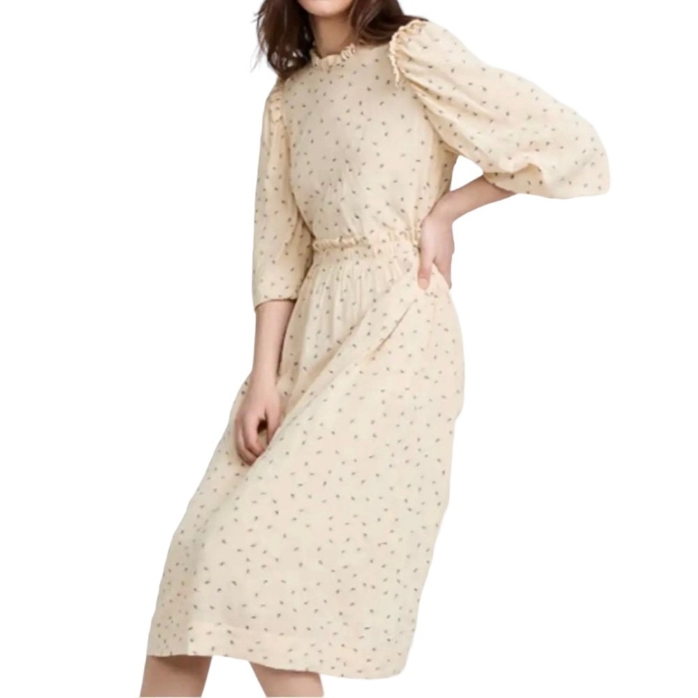 Munthe Curtis Floral Midi Dress Cream Size 38 Back Cutout Ruffle Trim